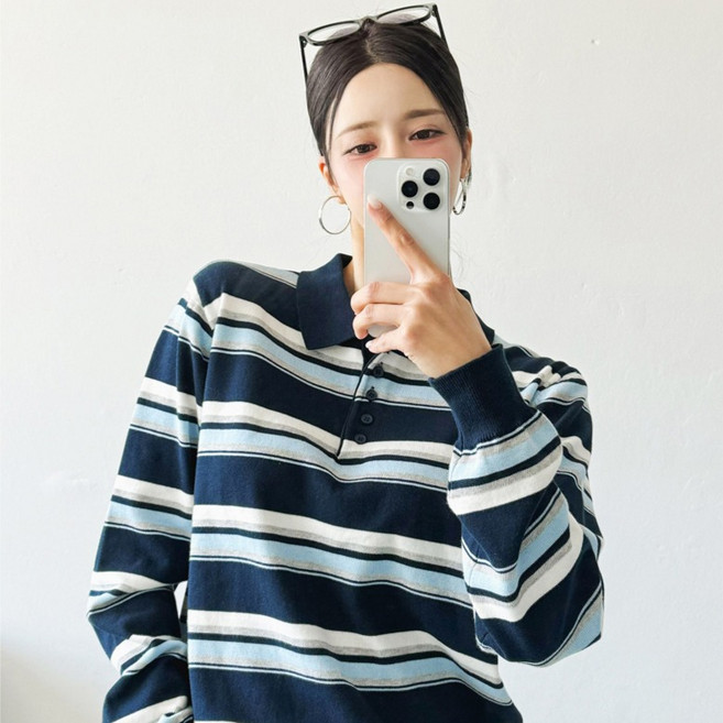 뜨개진 여성용 루즈핏 코튼 스트라이프 버튼 카라 코단니트