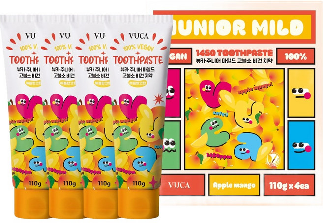 뷰카 주니어 마일드 고불소 비건치약 애플망고향, 110g, 4개