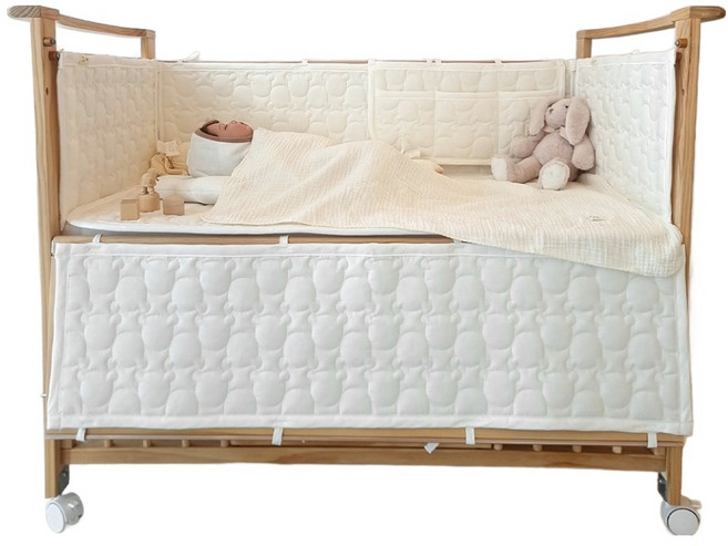 아이레빗 아기 침대 순면 곰누빔 범퍼가드 스토케 호환, 크림아이보리