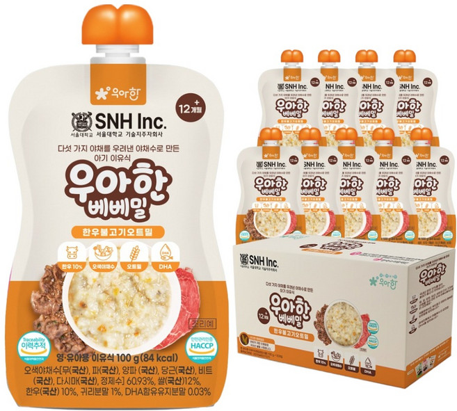 우아한 베베밀 아기이유식, 100g, 10개, 혼합맛(한우불고기/오트밀)