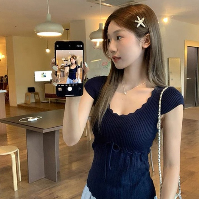 피어니스트 여성용 레이스 브이넥 캡소매 티셔츠