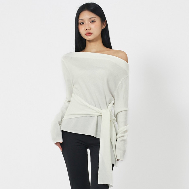 엘쏘 여성용 웨이스트 스트랩 오프숄더 긴팔 니트 티셔츠