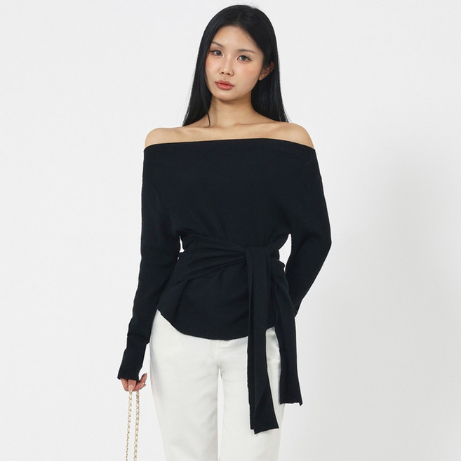 엘쏘 여성용 웨이스트 스트랩 오프숄더 긴팔 니트 티셔츠