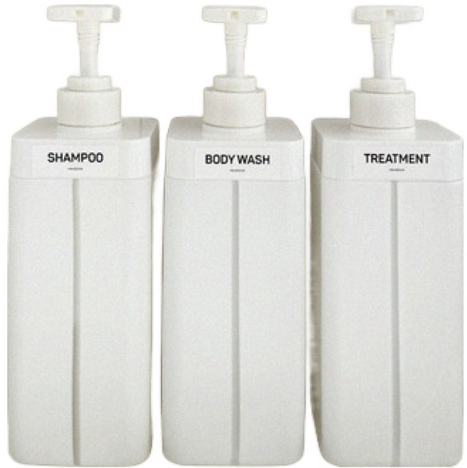 뉴앤룩 샴푸 리필 밀리 겔타입 욕실 디스펜서 720ml x 3p + 라벨 스티커 4종 세트, 화이트(디스펜서), 1세트