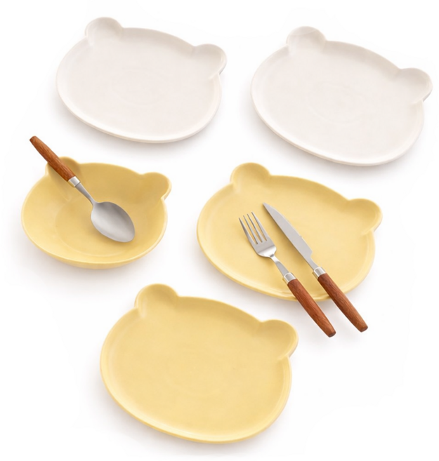 MYUMYUMYU 沐慕家居 可愛熊熊陶瓷碗盤餐具8件組, 白色 + 黃色, 1套, 白盤 2個 + 黃盤 2個 + 黃碗+ 湯匙 + 刀子 + 叉子