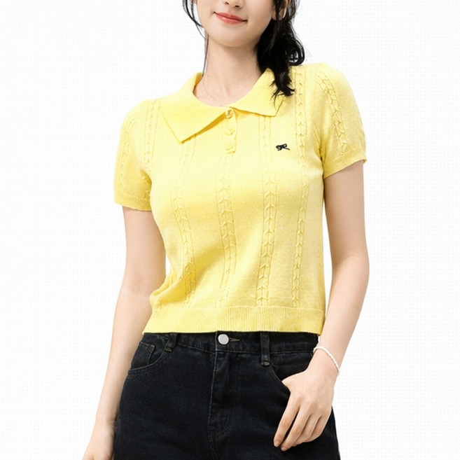 TheSirup 女款蝴蝶結刺繡麻花翻領短袖針織衫