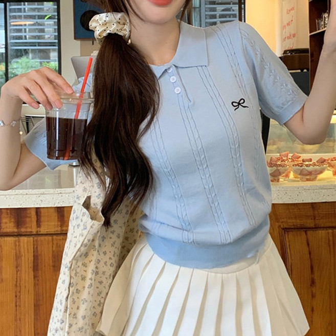 더시럽 여성용 리본자수 꽈배기 카라 반팔니트