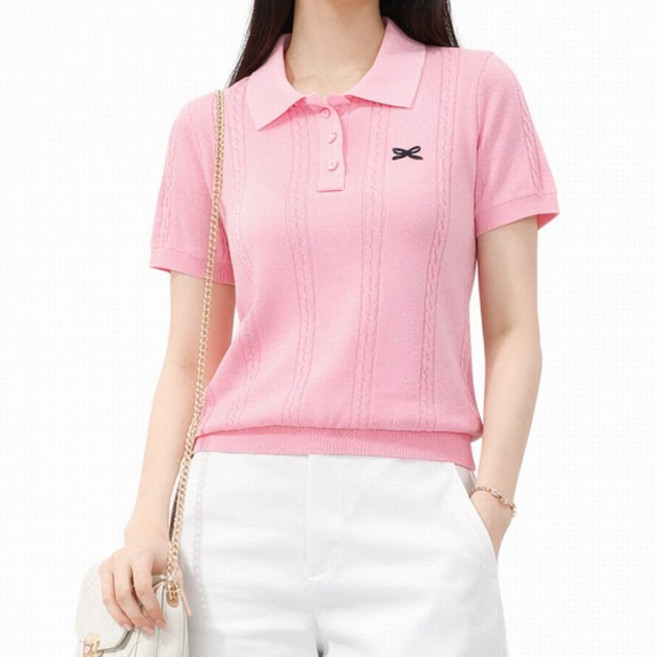 TheSirup 女款蝴蝶結刺繡麻花翻領短袖針織衫