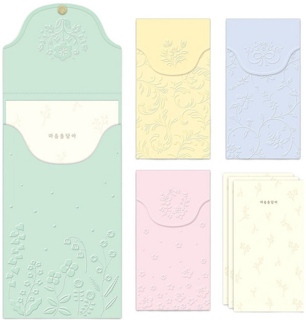 마음담아 입체 꽃 봄결 엠보싱 세로 봉투 4종 세트, 혼합색상, 1세트