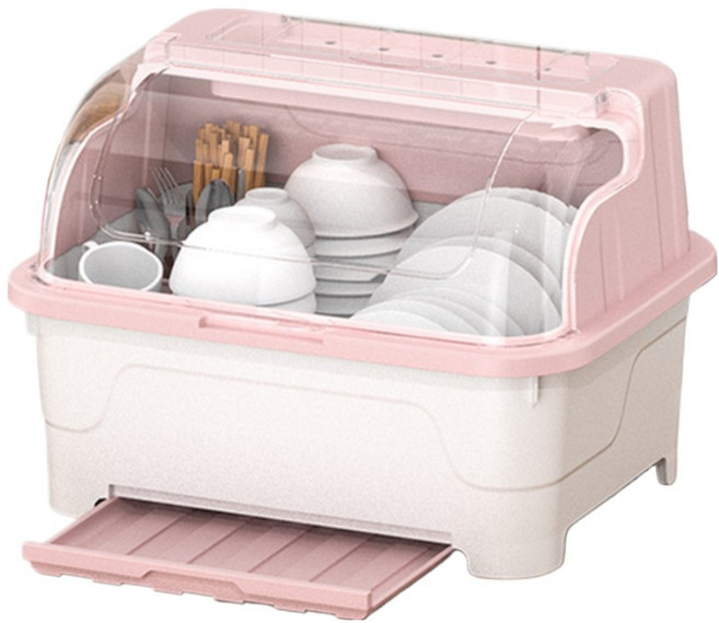 델리리움 뚜껑형 가정용 물빠짐 식기 건조대 중형 39 x 30 x 27 cm, 핑크, 1개