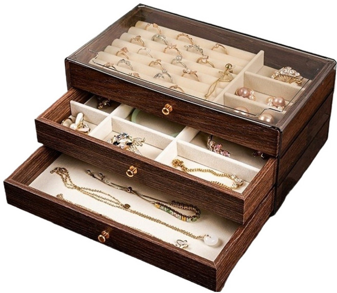 스윗콩 3단 서랍형 대용량 원목 악세사리 보석함 C, 호두나무 무늬, 1개