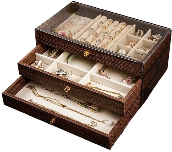 스윗콩 3단 서랍 대용량 원목 악세사리 보석함, 1개, 호두나무 무늬