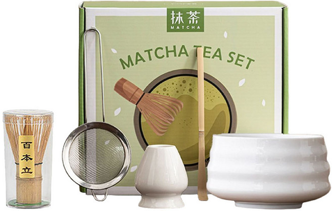 JAR嚴選 日式抹茶螺紋陶瓷茶具5件組 白色 禮盒 1套 竹子抹茶刷 茶碗 茶筅 茶杓 茶濾網 茶筅座