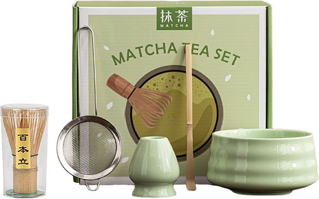 JAR嚴選 日式抹茶螺紋陶瓷茶具5件組 打抹茶用 禮盒 茶碗 竹子抹茶刷 茶杓 茶濾網 茶筅座 綠色 1套