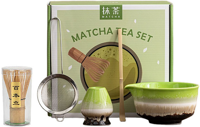JAR嚴選 日式抹茶尖嘴陶瓷茶具5件組 茶碗 茶筅 茶杓 茶濾網 茶筅座 綠窯變 1套