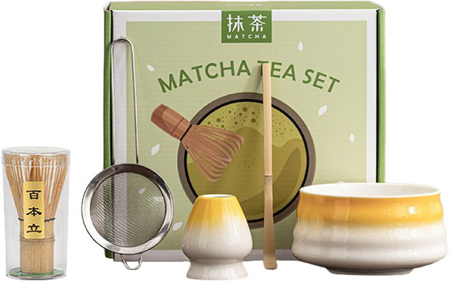 JAR嚴選 日式抹茶螺紋陶瓷茶具5件組 宋代點茶工具 禮盒 黃漸層 1套 茶碗 竹子抹茶刷 茶杓 茶濾網 茶筅座
