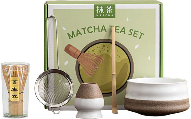 JAR嚴選 螺紋陶瓷茶具5件組 禮盒 日式抹茶 宋代點茶工具 白粗陶 1套 茶碗 竹子抹茶刷 茶杓 茶濾網 茶筅座