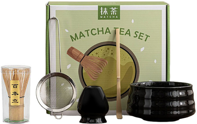 JAR嚴選 日式抹茶螺紋陶瓷茶具5件組 茶碗 竹子抹茶刷 茶杓 茶濾網 茶筅座 黑色 1套