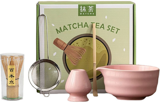 JAR嚴選 日式抹茶尖嘴陶瓷茶具5件組 茶碗 茶筅 茶杓 茶濾網 茶筅座 粉色 1套