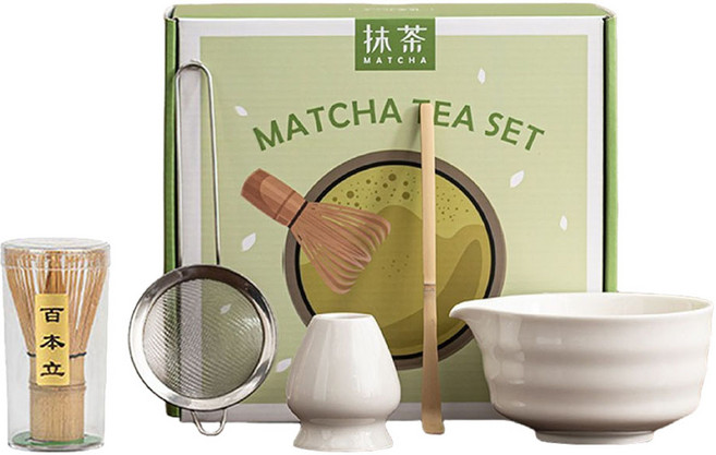 JAR嚴選 日式抹茶尖嘴陶瓷茶具5件組 茶碗 茶筅 茶杓 茶濾網 茶筅座 白色 1套