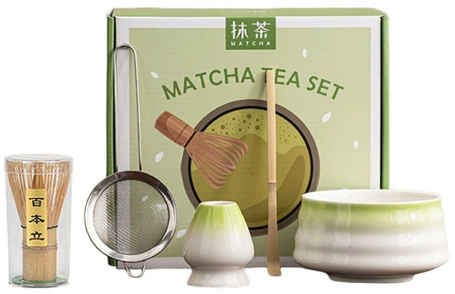 JAR嚴選 日式抹茶螺紋陶瓷茶具5件組 茶碗 竹子抹茶刷 茶筅 茶杓 茶濾網 茶筅座 綠漸層 1套