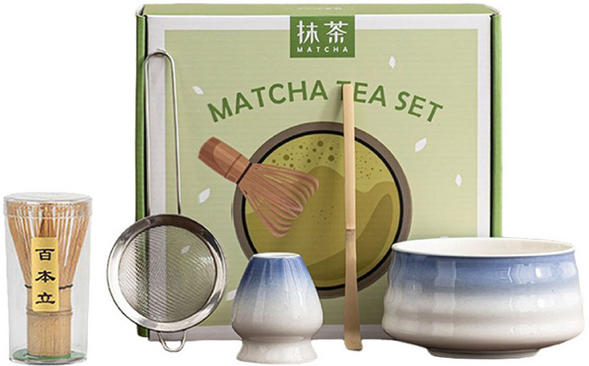 JAR嚴選 日式抹茶螺紋陶瓷茶具5件組 禮盒 藍漸層 宋代點茶工具 打抹茶用 1套 茶碗 茶筅(竹製) 茶杓(竹製) 茶濾網 茶筅座