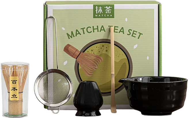 JAR嚴選 日式抹茶尖嘴陶瓷茶具5件組 茶碗 茶筅 茶杓 茶濾網 茶筅座 黑色 1套