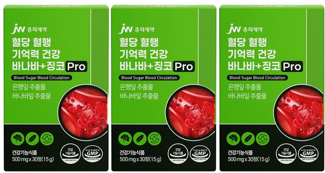 JW중외제약 혈당 혈행 기억력 건강 바나바 플러스 징코 Pro 15g, 3개, 30정