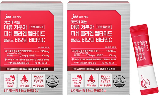 JW중외제약 맛있게 먹는 어류 어린 피쉬 콜라겐 펩타이드 플러스 비타민C 30p, 60g, 2개 - 쿠팡