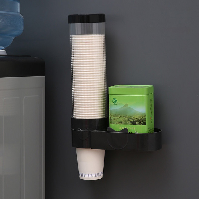 켈본 무타공 자석 붙이는 원터치 자동 일회용 종이컵 수납 디스펜서 + 거치대 세트, 블랙, 1세트