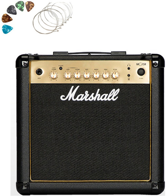 마샬 일렉기타 앰프 + 기타줄 5p + 피크 5p 세트, 혼합색상(앰프), 랜덤발송(피크), 1세트, MG15GR