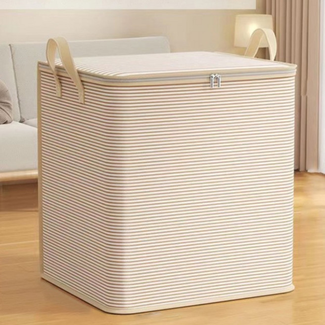 지음앤 대용량 이불 옷 정리 수납박스 100L, 베이지색 가로줄무늬, 1개