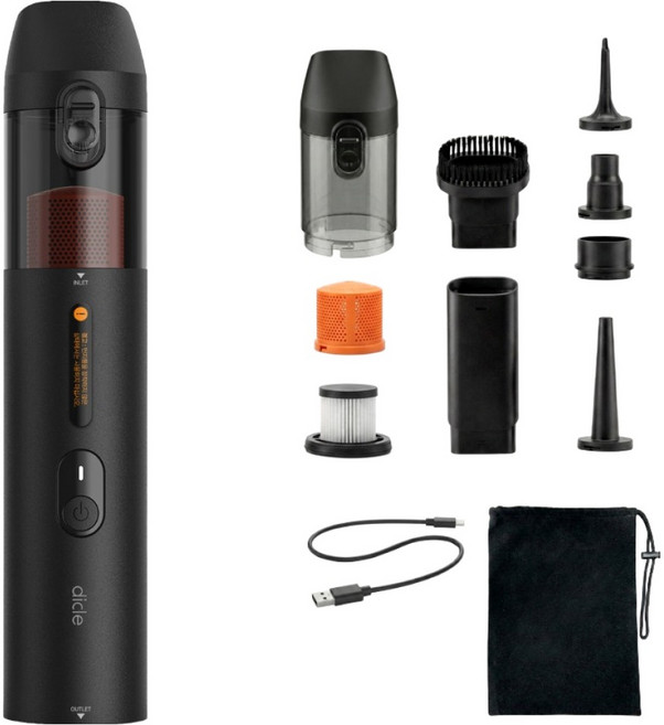 디클 20000pa 차량용 청소기 미니 무선 진공 자동차 에어건 초강력 메탈 에이브 바로 휴대용 핸디 청소기 + 파우치 세트, 블랙, Aiv-01