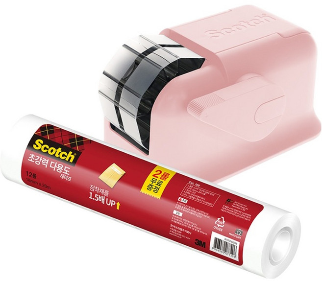 3M Scotch 輕巧一鍵式膠帶臺 + 超強力多用途膠帶補充包 18mm x 20m 12入組, 蜜桃粉, 1套