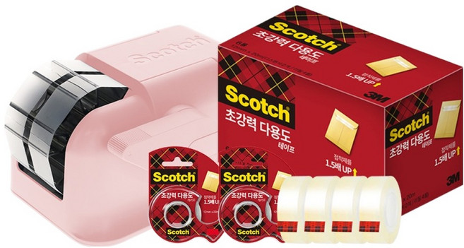 스카치 컴팩트 원터치 디스펜서 + 초강력 다용도 테이프 디스펜서 2p 리필 4p 12mm x 20m 세트, 피치핑크, 1세트