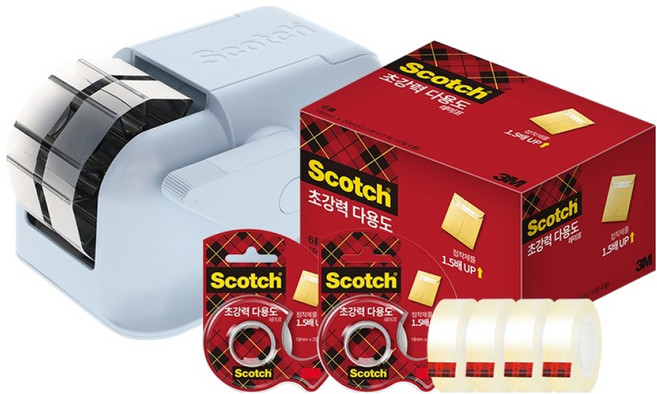 3M Scotch 輕巧型一鍵式膠帶臺 2入 + 超強力多用途膠帶補充包 18mm x 20m 4入組, 灰藍色, 1套