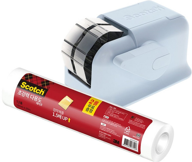 3M Scotch 輕巧一鍵式膠帶臺 + 超強力多用途膠帶補充包 18mm x 20m 12入組, 灰藍色, 1套