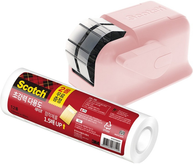 3M Scotch 輕巧型一鍵式膠帶臺 + 超強力多用途膠帶補充芯 12mm x 20m 12入組, 蜜桃粉, 1套