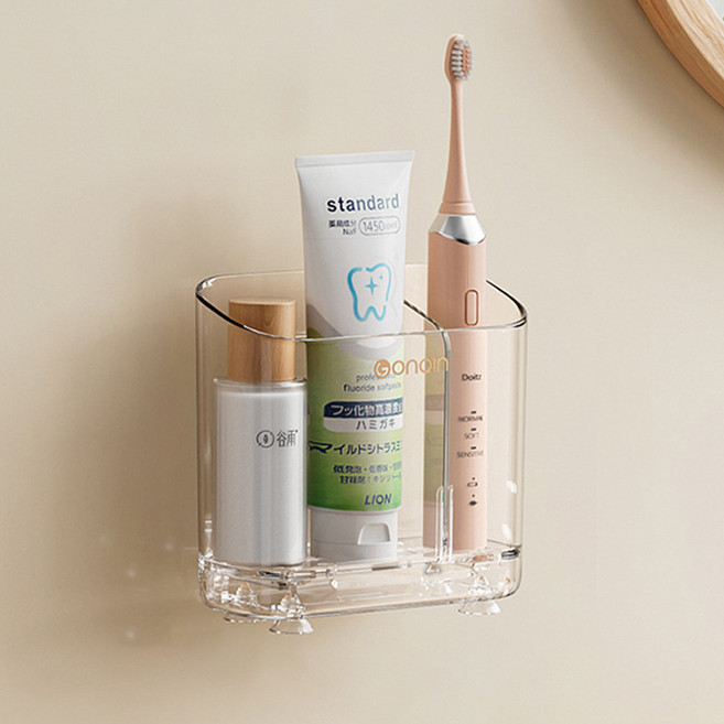 곤친 무타공 주방 욕실 부착식 벽걸이 전동 칫솔 치약 화장품 빗 면도기 통기성 수납 정리 바구니 스몰, 투명, 1개