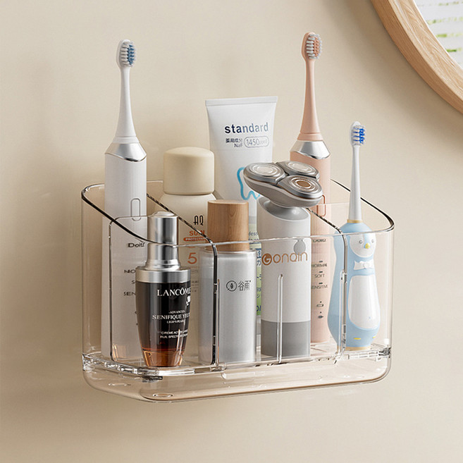곤친 무타공 주방 욕실 부착식 벽걸이 전동 칫솔 치약 화장품 빗 면도기 통기성 수납 정리 바구니 라지, 투명, 1개