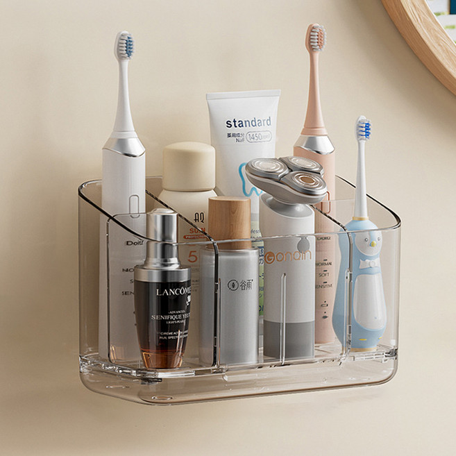 곤친 무타공 주방 욕실 부착식 벽걸이 전동 칫솔 치약 화장품 빗 면도기 통기성 수납 정리 바구니 라지, 그레이, 1개
