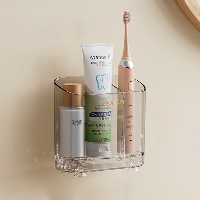 곤친 무타공 주방 욕실 부착식 벽걸이 전동 칫솔 치약 화장품 빗 면도기 통기성 수납 정리 바구니 스몰, 그레이, 1개