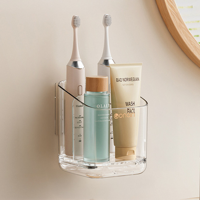 곤친 무타공 주방 욕실 부착식 벽걸이 통기성 정리 바구니 90 x 85 x 113 mm, 투명, 1개