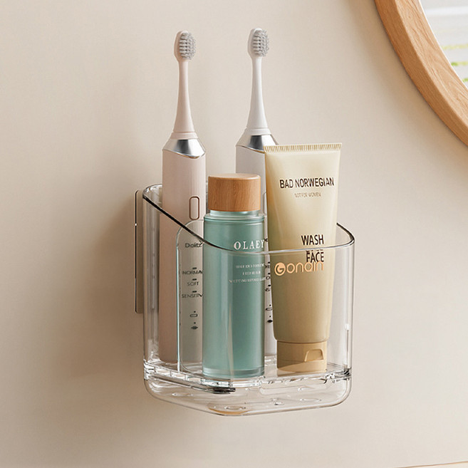 곤친 무타공 주방 욕실 부착식 벽걸이 통기성 정리 바구니 90 x 85 x 113 mm, 그레이투명, 1개