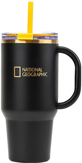 LiLFANT 國家地理 Double Venti 金邊不鏽鋼吸管手柄隨行杯, 經典黑, 960ml, 1個