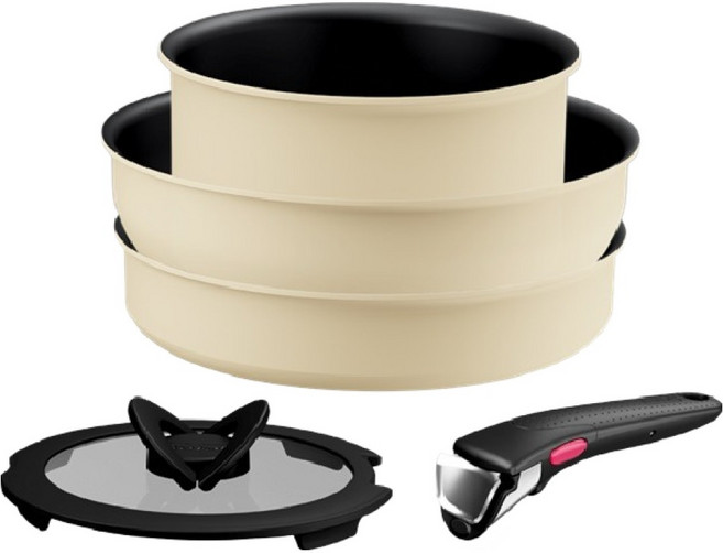 Tefal 特福 電磁爐 Magic Hands 奶油白鍋具平底鍋組, 1套, 鍋子 18cm + 平底鍋 24cm + 炒鍋 26cm + 玻璃鍋蓋 18cm + 把手, 奶油