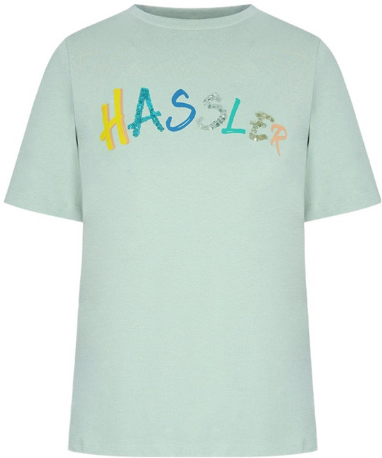 올리비아하슬러 여성용 로고 스팽글 프린팅 라운드 티셔츠 OHDM-TS901