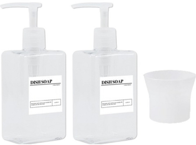 뉴앤룩 욕실 사각 슬림 주방세제 겔타입 핸드워시 디스펜서 280ml 2p + 깔대기 1p + 라벨 4p 세트, 투명, 1세트