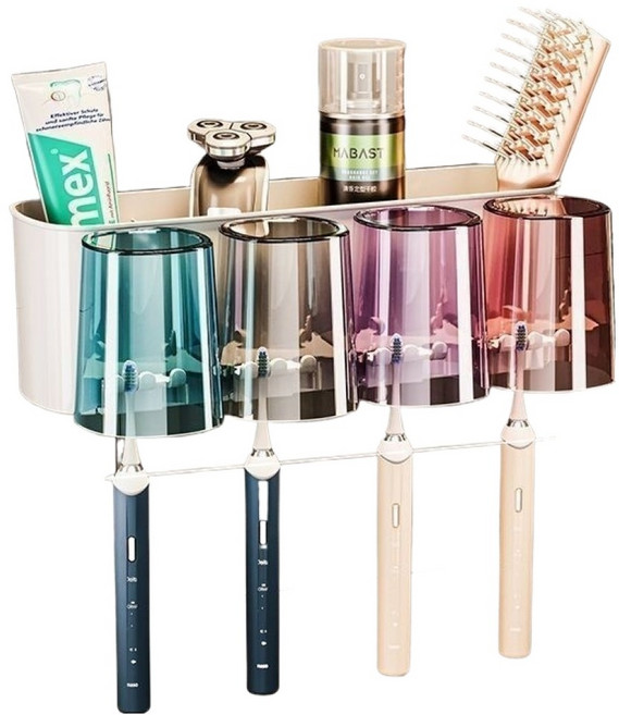 세븐와이즈 플라스틱 양치용품 정리대 칫솔꽂이 4인 가족, 화이트, 1개