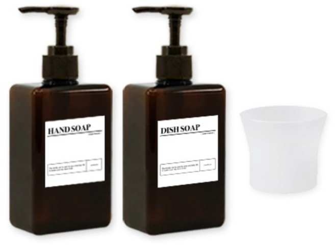 뉴앤룩 욕실 사각 슬림 주방세제 겔타입 핸드워시 디스펜서 280ml 2p + 깔대기 1p + 라벨 4p 세트, 브라운, 1세트